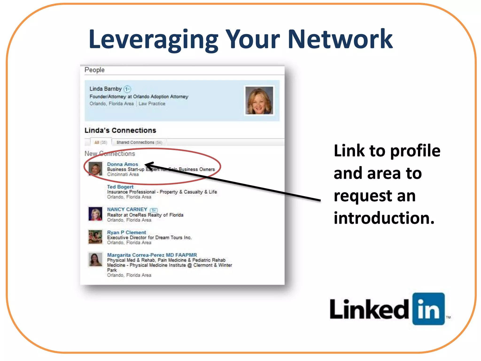 Leveraging Your Network


                  Link to profile
                  and area to
                  request an
                  introduction.
 
