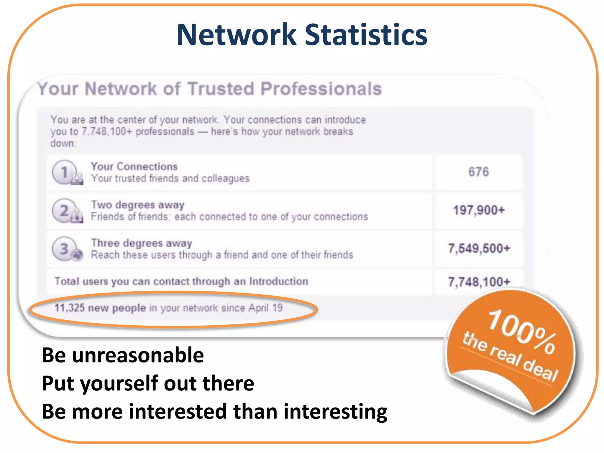Network Statistics




Be unreasonable
Put yourself out there
Be more interested than interesting
 