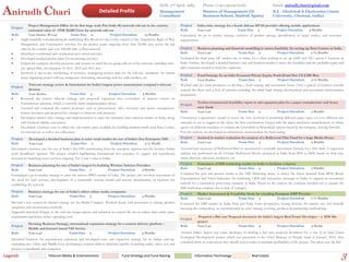 DOB: 2nd April, 1983           Phone: (+91) 99102 61161                              Email: anirudh.chari@gmail.com

Anirudh Chari                                                         Detailed Profile                             Management
                                                                                                                   Consultant
                                                                                                                                                  Masters of Management (IE
                                                                                                                                                  Business School, Madrid, Spain)
                                                                                                                                                                                                        B.E - Electrical & Electronics (Anna
                                                                                                                                                                                                        University, Chennai, India)

               Project Management Office for he first large scale Pan India 4G network roll-out in the country;                   Project     India entry strategy for a South African MVAS provider offering mobile applications
   Project
               estimated value of ~INR 50,000 Crore for network roll-out                                                          Role        Team Lead                      Team Size      3             Project Duration         4 Months
   Role        Team Member  Lead              Team Size       2             Project Duration          13 Months                  Formulated the go to market strategy, inclusive of product pricing, identification of target market, and customer
         Single handedly conceptualizing & establishing War Room for day-to-day control of Site Acquisition, Right of Way        segmentation
          Management and Construction activities for the project scope; targeting more than 20,000 sites across the top
          cities in the country and over 100,000 rkm of fiber network                                                             Project     Business planning and financial modelling to assess feasibility for setting up Data Centres in India
         Identified, coordinated and escalated project critical activities                                                       Role        Team Lead                      Team Size       3             Project Duration          2 ½ Months
         Developed detailed project plans for monitoring activities                                                              Evaluated the third party DC market size in India, for a client wishing to set up 5,000 rack DCs across 5 locations in
         Helped the company develop processes and systems to track the on-going roll-out of the network, including intra-        India. Further, developed a detailed business case and financial model to assess the feasibility and the probable equity and
          city optical fibre, development of AG1, AG2 and AG3 sites                                                               debt structures needed to fund the expansion
         Involved in day-to-day monitoring of activities, strategizing project plan for the roll-out, escalations for critical
                                                                                                                                  Project     Fund Strategy for an Infra Focussed Private Equity Fund (Fund Size US $ 200 Mn)
          issues impacting project roll-out, manpower structuring, interacting with key stake-holders, etc.
                                                                                                                                  Role        Team Member                     Team Size      5             Project Duration          3 ½ Months
               Telecom strategy review & formulation for India’s largest power transmission company’s telecom                     Worked with the fund promoters to develop a fund strategy and investment focus. Over a period of fourteen months
   Project
               division                                                                                                           assisted the client with a host of activities including the initial fund strategy development and investment memorandum
   Role        Team Member                     Team Size      3             Project Duration          9 Months                    preparation.
         Reviewed the current telecom strategy and proposed expansion into co-location of telecom towers on
          Transmission antennae, which is currently under implementation phase.                                                               Techno-Commercial feasibility report to aid expansion plan for a paper manufacturer and hence
                                                                                                                                  Project
         Assessed and evaluated the current processes such as procurement, sales, inventory and spares management,                           raise funds
          human resources and proposed key changes to structure and processes                                                     Role        Team Lead                      Team Size       3             Project Duration          2 Months
         Developed market entry strategy and implementation to enter the enterprise data solutions market in India, along        Constructed a quantitative model to assess the risks involved in producing different paper types vis-a-vis different raw
          with financial viability assessment.                                                                                    materials in use to suggest to the client, the best combination. Liaised with the paper machinery manufacturers to obtain
         Developed a business case to utilize the sub-station space available for building medium-small sized Data Centres       quotes on different machines to evaluate the Greenfield or Brownfield options faced by the company, moving forward.
          for internal use as well as for collocation                                                                             Post the analysis, we developed an information memorandum for fund raising
   Project      Developed a detailed business plan to enter retail market for one of India’s first Enterprise ISPs                Project     Assisted in market evaluation for creation of a Bollywood Film Fund for a large Media House
   Role         Team Lead                      Team Size          2           Project Duration          3 ½ Month                 Role        Team Lead                      Team Size       3             Project Duration          2 Months

   Developed a business case for one of India’s first ISPs transitioning from the enterprise segment into the lucrative Indian    Assessed past successes of Bollywood films to recommend a workable investment formula for a film fund. A regression
   retail broadband segment. The project entailed highlighting international best practices to suggest and hypothecate            analysis was performed on all A-Grade Bollywood Movies produced in India from 2005 to 2008, based on their cast,
   revenues by launching newer services targeting Tier 2 and 3 cities in India.                                                   music directors, directors, producers, etc.

   Project     Business planning for one of India’s largest In-building Wireless Solution Providers                               Project     Estimation of SMS marketing market in India to facilitate a buyout
   Role        Team Lead                      Team Size       2             Project Duration          3 Months                    Role        Team Lead                      Team Size       4             Project Duration          2 Months

   Formulated a go-to-market strategy to enter the nascent IBWS market in India. The project also involved assessment of          Evaluated the past and present trends in the SMS Marketing arena, to derive the future demand from BFSI, Retail,
   the need for such services, development of a sustainable revenue model and cursory identification of locations for             Entertainment and Travel Industries for marketing, CRM and transaction messages in India, to support an investment
   establishing the network                                                                                                       rational for a transaction processing company in India. Based on the analysis the company decided not to acquire the
                                                                                                                                  SMS marketing company due to lack of synergies
   Project     Business strategy for one of India’s oldest online media companies
                                                                                                                                  Project     Market Assessment & Feasibility Study for a leading European ERP Provider
   Role        Team Lead                      Team Size       3             Project Duration          3 Months
                                                                                                                                  Role        Team Lead                      Team Size       3             Project Duration          2 ½ Months
   Devised a new content & channel strategy for the Media Company. Worked closely with promoters to change product                Evaluated the ERP market in India from and India Entry perspective; having derived, the market size and critically
   categories, and monetization methods.                                                                                          assessing the competition, we recommended an entry strategy covering, products & partnership methodology
   Suggested structural changes to the web-site design aspects and reduction in content file size to reduce data centre space
   requirement and hence reduce operating costs                                                                                               Prepared a Bid cum Proposal document for India’s largest Real Estate Developer – a $550 Mn
                                                                                                                                  Project
                                                                                                                                              project
               Devising Business Strategy, international expansion strategy for a content delivery platform –
   Project                                                                                                                        Role        Team Lead                      Team Size       4             Project Duration          3 Weeks
               Mobile and Internet based VAS Service
   Role        Team Lead                      Team Size       4             Project Duration          3 Months                    Assisted India’s largest real estate developer in drafting a bid cum proposal document for a one of its kind Green
                                                                                                                                  Ecological Development project which was presented to the Chief Minister of Punjab, India in January, 2010. Also
   Identified locations for international expansion and developed entry and expansion strategy for an Indian start-up,
                                                                                                                                  consulted them on concessions they should seek in order to maintain profitability of the project. The client won the bid.
   expanding into Africa and Middle East, developing a content delivery platform capable of pushing audio, video, text and
   pictures to handhelds and computers.

Legend:                       Telecom Media & Entertainment                           Fund Strategy and Fund Raising                        Information Technology                      Real Estate
                                                                                                                                                                                                                                                           3
 