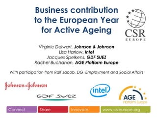 www.csreurope.orgConnect Share Innovate
1
Business contribution
to the European Year
for Active Ageing
Virginie Delwart, Johnson & Johnson
Lisa Harlow, Intel
Jacques Spelkens, GDF SUEZ
Rachel Buchanan, AGE Platform Europe
With participation from Ralf Jacob, DG Employment and Social Affairs
 