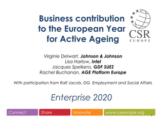 www.csreurope.orgConnect Share Innovate
Enterprise 2020
1
Business contribution
to the European Year
for Active Ageing
Virginie Delwart, Johnson & Johnson
Lisa Harlow, Intel
Jacques Spelkens, GDF SUEZ
Rachel Buchanan, AGE Platform Europe
With participation from Ralf Jacob, DG Employment and Social Affairs
 