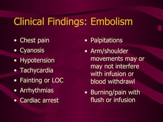 Management: Embolism Emergency situation!  Notify M.D. X-ray to determine status Intervention by surgeon or Interventional Radiologist 