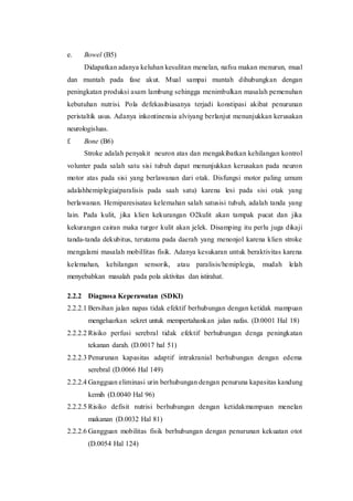 e. Bowel (B5)
Didapatkan adanya keluhan kesulitan menelan, nafsu makan menurun, mual
dan muntah pada fase akut. Mual sampai muntah dihubungkan dengan
peningkatan produksi asam lambung sehingga menimbulkan masalah pemenuhan
kebutuhan nutrisi. Pola defekasibiasanya terjadi konstipasi akibat penurunan
peristaltik usus. Adanya inkontinensia alviyang berlanjut menunjukkan kerusakan
neurologisluas.
f. Bone (B6)
Stroke adalah penyakit neuron atas dan mengakibatkan kehilangan kontrol
volunter pada salah satu sisi tubuh dapat menunjukkan kerusakan pada neuron
motor atas pada sisi yang berlawanan dari otak. Disfungsi motor paling umum
adalahhemiplegia(paralisis pada saah satu) karena lesi pada sisi otak yang
berlawanan. Hemiparesisatau kelemahan salah satusisi tubuh, adalah tanda yang
lain. Pada kulit, jika klien kekurangan O2kulit akan tampak pucat dan jika
kekurangan cairan maka turgor kulit akan jelek. Disamping itu perlu juga dikaji
tanda-tanda dekubitus, terutama pada daerah yang menonjol karena klien stroke
mengalami masalah mobillitas fisik. Adanya kesukaran untuk beraktivitas karena
kelemahan, kehilangan sensorik, atau paralisis/hemiplegia, mudah lelah
menyebabkan masalah pada pola aktivitas dan istirahat.
2.2.2 Diagnosa Keperawatan (SDKI)
2.2.2.1 Bersihan jalan napas tidak efektif berhubungan dengan ketidak mampuan
mengeluarkan sekret untuk mempertahankan jalan nafas. (D.0001 Hal 18)
2.2.2.2 Risiko perfusi serebral tidak efektif berhubungan denga peningkatan
tekanan darah. (D.0017 hal 51)
2.2.2.3 Penurunan kapasitas adaptif intrakranial berhubungan dengan edema
serebral (D.0066 Hal 149)
2.2.2.4 Gangguan eliminasi urin berhubungan dengan penuruna kapasitas kandung
kemih (D.0040 Hal 96)
2.2.2.5 Risiko defisit nutrisi berhubungan dengan ketidakmampuan menelan
makanan (D.0032 Hal 81)
2.2.2.6 Gangguan mobilitas fisik berhubungan dengan penurunan kekuatan otot
(D.0054 Hal 124)
 