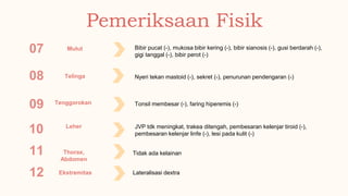 Pemeriksaan Fisik
07 Mulut Bibir pucat (-), mukosa bibir kering (-), bibir sianosis (-), gusi berdarah (-),
gigi tanggal (-), bibir perot (-)
08 Telinga Nyeri tekan mastoid (-), sekret (-), penurunan pendengaran (-)
09
10 Leher JVP tdk meningkat, trakea ditengah, pembesaran kelenjar tiroid (-),
pembesaran kelenjar linfe (-), lesi pada kulit (-)
11 Thorax,
Abdomen
12 Ekstremitas
Tidak ada kelainan
Lateralisasi dextra
Tenggorokan Tonsil membesar (-), faring hiperemis (-)
 