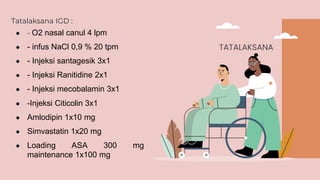 TATALAKSANA
Tatalaksana IGD :
● - O2 nasal canul 4 lpm
● - infus NaCl 0,9 % 20 tpm
● - Injeksi santagesik 3x1
● - Injeksi Ranitidine 2x1
● - Injeksi mecobalamin 3x1
● -Injeksi Citicolin 3x1
● Amlodipin 1x10 mg
● Simvastatin 1x20 mg
● Loading ASA 300 mg
maintenance 1x100 mg
 