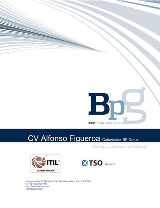 CV Alfonso Figueroa Cofundador BP Gurus




Insurgentes Sur N° 800 Piso 8, Col. Del Valle. México, D.F. C.P.03100
T: +52 (55) 5061 4946
http://www.bpgurus.com
info@bpgurus.com
 