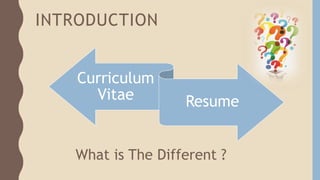 INTRODUCTION
Curriculum
Vitae Resume
What is The Different ?
 