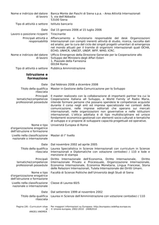 Nome e indirizzo del datore          Banca Monte dei Paschi di Siena s.p.a. - Area Attività Internazionali
                  di lavoro          5, via dell’Abbadia
                                     53100 Siena
   Tipo di attività o settore        Istituto bancario

                           Date      Dal 15 gennaio 2006 al 15 luglio 2006
Lavoro o posizione ricoperti         Tirocinante
          Principali attività e      Affiancamento a funzionario responsabile del desk Organizzazioni
               responsabilità        Internazionali con compiti inerenti attività di studio, ricerca, raccolta dati
                                     ed analisi, per la cura del ciclo dei singoli progetti umanitari di emergenza
                                     nel mondo attuati per il tramite di organismi internazionali quali OCHA,
                                     ECHO, UNHCR, UNICEF, UNDP, WFP, WHO, ICRC.
Nome e indirizzo del datore          Ufficio Emergenze della Direzione Generale per la Cooperazione allo
                  di lavoro          Sviluppo del Ministero degli Affari Esteri
                                     1, Piazzale della Farnesina
                                     00194 Roma
   Tipo di attività o settore        Pubblica Amministrazione

             Istruzione e
              formazione
                           Date      Dal febbraio 2008 a dicembre 2008
        Titolo della qualifica       Master in Gestione della Comunicazione per lo Sviluppo
                    rilasciata
                   Principali        Il master realizzato con la collaborazione di importanti partner tra cui la
    tematiche/competenze             Cooperazione Italiana all Sviluppo, e World Family of Radio Maria,
    professionali possedute          intende formare persone che possano spendere le competenze acquisite
                                     durante il corso negli enti ed imprese specializzate nei contesti della
                                     comunicazione, nelle imprese editoriali che operano sui mercati
                                     internazionali, nelle organizzazioni non governative e nelle istituzioni
                                     internazionali. L’ottica adottata è di tipo multidisciplinare ed unisce
                                     fondamenti economico-gestionali con elementi socio-culturali e tematiche
                                     di sviluppo e si propone di sviluppare capacità progettuali ed operative.
                 Nome e tipo         Università Europea di Roma
d'organizzazione erogatrice
dell'istruzione e formazione
Livello nella classificazione        Master di I° livello
nazionale o internazionale

                           Date      Dal novembre 2002 ad aprile 2005
        Titolo della qualifica       Laurea Specialistica in Scienze Internazionali con curriculum in Scienze
                    rilasciata       Internazionali e Diplomatiche con votazione centodieci / 110 e lode e
                                     menzione di stampa
                   Principali        Diritto Internazionale dell’Economia, Diritto Internazionale,          Diritto
    tematiche/competenze             Internazionale Privato e Processuale, Organizzazione Internazionale,
    professionali possedute          Economia Internazionale, Economia Monetaria, Lingua Francese, Storia
                                     delle Relazioni Internazionali, Tutela Internazionale dei Diritti Umani.
                 Nome e tipo         Facoltà di Scienze Politiche dell’Università degli Studi di Siena
d'organizzazione erogatrice
dell'istruzione e formazione
Livello nella classificazione        Classe di Laurea 60/S
nazionale o internazionale

                           Date      Dal settembre 1999 al novembre 2002
        Titolo della qualifica       Laurea in Scienze dell’Amministrazione con votazione centodieci / 110
                    rilasciata

    Pagina 2/6 - Curriculum vitae    Per maggiori informazioni su Europass: http://europass.cedefop.europa.eu
                                di   © Unione europea, 2002-2010 24082010
                ANGELI ANDREA
 