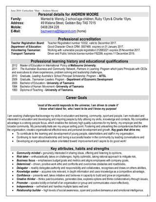 June 2016 Curriculum Vitae – Andrew Moore
1
Personal details for ANDREW MOORE
Family: Married to Wendy,2 schoolage children,Ruby 13yrs & Charlie 10yrs.
Address: 49 Walana Street, Geilston Bay TAS 7015
Mobile: 0408 284 228
E-Mail: baznwenna@bigpond.com (home)
Professional accreditation
Teacher Registration Board: Teacher Registration number 10332, valid to December 2017.
Department of Education: Good Character Check CRM: 0007469, expires on 31 January 2017.
Volunteering Tasmanian: Working with vulnerable people registration 212683221 expires 25 November 2017.
Transport Tasmania Driver and Public Vehicle license number F82299, expires 11 December 2019.
Professional learning history and educational qualifications
2012 Master of Education in International Policy atMelbourne University:
2011 The Australian Business and Community Network, Partners in Learning Program which pairs Principals with CEOs
and executives to share experiences, problem solving and leadership challenges,
2010 Graduate, Leading Australia’s School Principal Scholarship Program – AITSL
2009 Graduate, Tasmanian Leaders Program - Department of Economic Development
2000 Bachelor ofEducation - University of Tasmania
1994 Bachelor ofHuman Movement - University of Tasmania
1993 Diploma ofTeaching - University of Tasmania.
Career Goals
‘most of the world responds to the universe; I am driven to create it’
I know what I stand for, who I want to be and I know my purpose!
I am seeking challenges thatleverage my skills in education and training, community, sport and people. Iam motivated and
interested in education and developing and inspiring people by fully utilising my skills, knowledge and contacts. My competitive
advantage is a strong people focus,which enables the delivery high quality outcomes for my family, my employer and the
broader community. My personality traits are my unique selling point. Fostering and unleashing the competencies thatlie within
the organisation, creates organisational effectiveness and personal developmentand growth. Key goals that drive me;
 To contribute to the learning and developmentof young people, stakeholders and staff in my organisation,
 Continuing to learn aboutleadership and being a successful leader in the community by leading conversations and
 Developing an organisational culture orientated toward improvement and Iaspire to do good work!
Key attributes, habits and strengths
 Community minded – genuinely interested in sharing ideas, offering and listening to opinions,
 Risk taker – enthusiastically takes on challenges, highly optimistic, taking rational approach to mitigate risk,
 Business focus – emphasises budgetgoals and metrics and aligns employees with company goals,
 Determined – driven, positive work ethic and confronts and overcomes obstacles and roadblocks,
 Delagator – readily delegates authority and responsibility and collaborates, recognises and draws on others abilities,
 Knowledge seeker – acquires role relevant, in depth information and uses knowledge as a competitive advantage,
 Confidence – presents well, takes initiative and believes in capacity to build and grow an organisation,
 Creative thinker – thinks pastboundaries, generates idea, explores options and thinks collaboratively through issues,
 Promoter – speaks boldly on behalfofan organisation or group and communicates vision effectively,
 Independence – self-reliant and handles multiple tasks well and
 Relationship builder – high levels ofsocial awareness, open and positive demeanour and emotional intelligence.
 