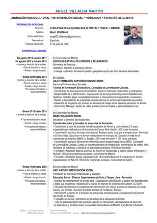 Página 1 - Curriculum vitae de
Villalba Martín, Ángel
Para más información:
Teléfono móvil: 678620449 Linkedin. https://es.linkedin.com/in/angelvillamar
ANGEL VILLALBA MARTÍN
ANIMACIÓN SOCIOCULTURAL * INTERVENCIÓN SOCIAL * FORMADOR * ATENCIÓN AL CLIENTE
INFORMACIÓN PERSONAL
Dirección C/ BULEVAR DE LA NATURALEZA,13 PORTAL 1º PISO 4º-1º MADRID
Teléfono Móvil: 678620449
Correo electrónico angel75.villamar@gmail.com
Nacionalidad Española
Fecha de nacimiento 27 de julio de 1975
EXPERIENCIA LABORAL
De agosto 2016 a enero 2017
De agosto 2015 a febrero 2016
• Nombre y dirección de la entidad.
• Tipo de empresa o sector.
• Puesto o cargo ocupado.
• Desde 2006 hasta 2015
• Nombre y dirección de la entidad.
• Tipo de empresa o sector.
• Puesto o cargo ocupado.
Principales actividades y
responsabilidades.
• Desde 2010 hasta 2016
• Nombre y dirección de la entidad.
En Comunidad de Madrid.
SOCIEDAD ESTATAL DE CORREOS Y TELÉGRAFOS
Proveedor de Servicios.
Operativo. Atención al Cliente en oficina.
- Entrega y Admisión del servicio postal y paqueteria junto con otros servicios adicionales.
En Coslada.
ARJÉ FORMACIÓN. SERVICIOS COMUNITARIOS
Servicios Profesionales y Sociales.
Técnico en Animación Sociocultural. Concejalía de Juventud de Coslada.
- Coordinador de los equipos de dinamización desde un liderazgo colaborativo y participativo.
- Responsable de la planificación y organización de los programas de juventud estableciendo
objetivos, métodos según necesidades/recursos y mecanismos de seguimiento y evaluación.
- Diseño y dinamización de programas socioeducativos en centros de enseñanza secundaria.
- Desarrollo de proyectos con jóvenes en situación de riesgo social desde la educación no formal.
- Community Manager. Gestor de redes sociales de la concejalía y web cosladajoven.net
En Comunidad de Madrid.
MARAFIKI ACCIÓN SOCIAL
• Tipo de asociación o sector. Educación y Servicios Socioculturales.
• Puesto o cargo ocupado. Coordinador, tutor y formador en proyectos de formación.
• Principales actividades y
responsabilidades.
- Coordinador y tutor de acciones formativas gestión de Pymes y comunidades 2.0. para
emprendedores realizados en el Municipio de Campo Real. Madrid. 300 horas formación.
- Coordinación técnica y formador sociolaboral. Proyecto pacto local por el empleo joven. Servicios
a la Comunidad. Educación no formal realizados en el muncipio de Coslada a través de las
concejalías de Juventud (EMAC) y Empleo. 225 horas formación + 120 horas prácticas.
- Coordinación técnica y formador en diferentes cursos programados por la EMAC. Concejalía
de Juventud de Coslada. Cursos de coordinadores/as de tiempo libre, monitores/as de tiempo libre,
monitor/a de ludotecas y monitor/a de actividades bilingües. 450 horas formación.
- Formador y facilitador talleres Juventud en Acción en Alcobendas y Madrid (actual ERASMUS +).
INJUVE. Oficina de programas europeos. Comunidad de Madrid.
- Formador y facilitador equipo organizativo del I Encuentro Nacional “Formadores en Acción”
organizado por el INJUVE. Oficina de programas europeos. Comunidad de Madrid.
• Desde 1999 hasta 2005 En Comunidad de Madrid
• Nombre y dirección de la entidad. ARCI NATURE INTERVENCIÓN SOCIAL
• Tipo de empresa o sector. Prestación de Servicios Profesionales y Sociales.
• Puesto o cargo ocupado. Educador Social - Director Departamento de Ocio y Tiempo Libre - Formador
• Principales actividades y
responsabilidades.
- Director del departamento de tiempo libre. Organización, planificación y gestión del departamento
y todos sus programas. Implantación y puesta en marcha de Sistemas de Calidad. ISO 9001.
- Educador de menores en programas de intervención con niños y jóvenes en situación de riesgo
social y sus familias. Servicios Sociales distritos de Hortaleza y Barajas.
- Intervención y Mentor en el proyecto de autoayuda socioeducativa y ocupacional con jóvenes
del Distrito de Barajas.
- Formador en cursos y seminarios en el ámbito de la educación no formal.
- Tutor de prácticas dentro del curso de Experto en intervención psicoeducativa de menores
en desamparo y conflicto social. Universidad Complutense de Madrid. Facultad de Educación.
 