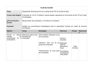 PLAN DE ACCIÓN

Título:                Capacitación docente para el uso y manejo de las TIC en el aula de clase.

A quien está dirigido: A docentes de la U.E “La Mulera” quienes deseen capacitarse en la formación de las TIC por medio
                       de estrategias.

gvConocimientos        Manejo básico del computador y de Internet (no limitativo)
previos:

Propósito:             Facilitar los conocimientos metodológicos para la capacitación docente por medio de recursos
                       tecnológicos.

Objetivo               Temas                    Estrategias                         Recursos       Tiempo     Observació
                                                                                                              n
Permitir al docente Determinar cada una de -Dictar talleres referentes al uso
manejar         los las partes del         del computador.
componentes de la computador                                                  Humano:
computadora                                                                   Docentes

                                                -Identificar cada una de las Materiales:
                                                partes del computador.       Pizarrón
                                                                             Marcadores             1 Mes
                                                                             Guias                 24 Horas

                                                -Realimentación de cada parte Tecnológicos:
                                                del computador.               Computadora
                                                                              Video Beam
 