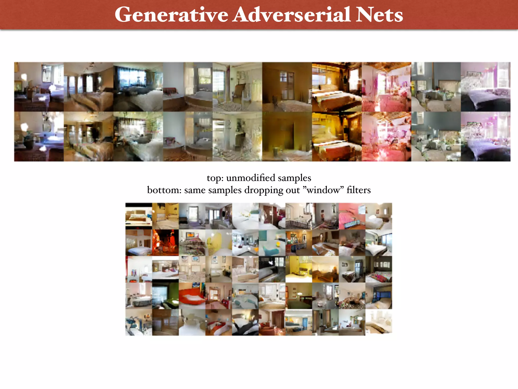 top: unmodiﬁed samples
bottom: same samples dropping out ”window” ﬁlters
Generative Adverserial Nets
 