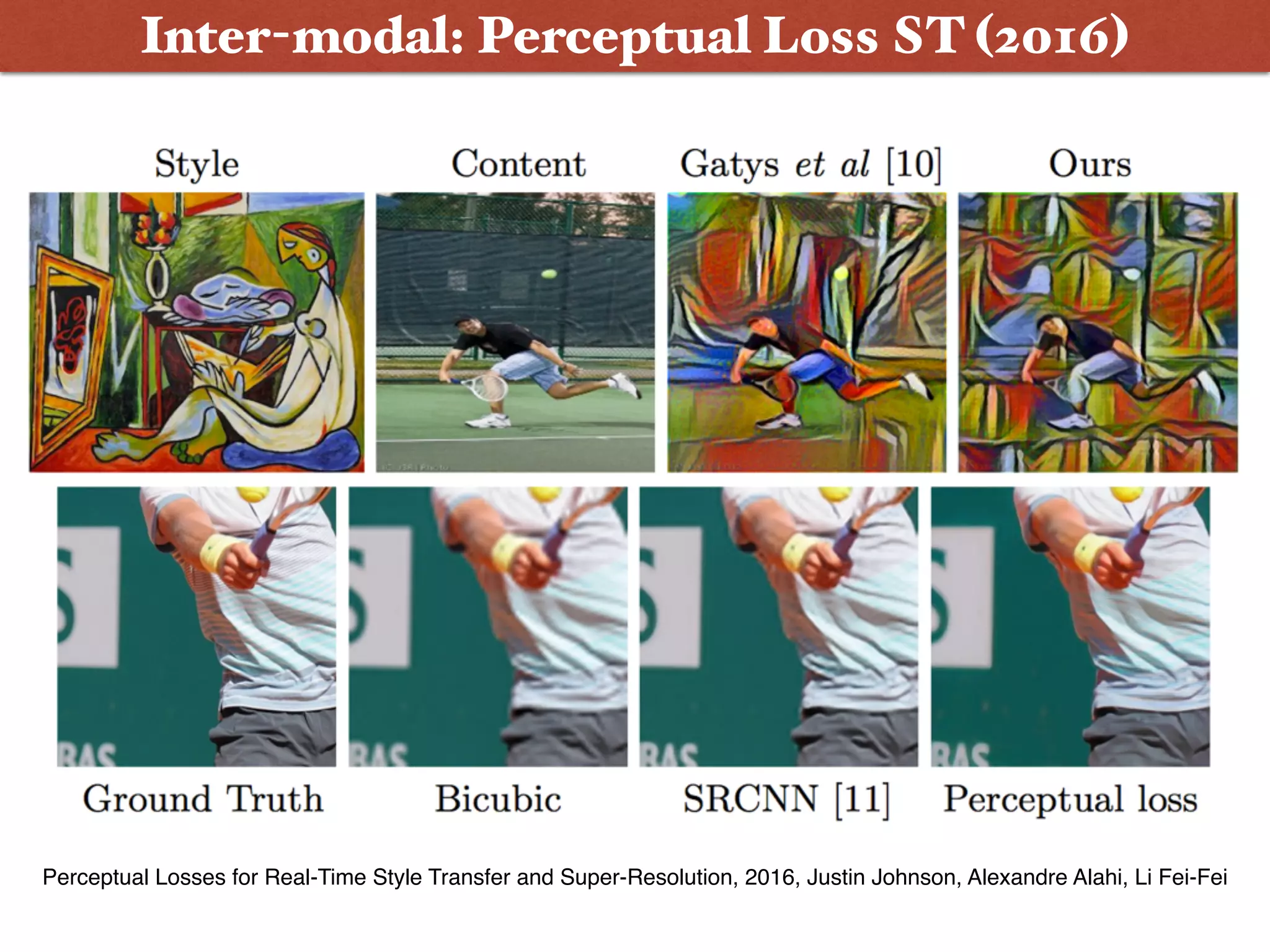 Inter-modal: Perceptual Loss ST (2016)
Perceptual Losses for Real-Time Style Transfer and Super-Resolution, 2016, Justin Johnson, Alexandre Alahi, Li Fei-Fei
 