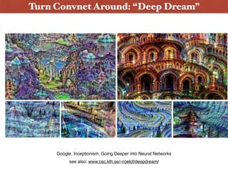 Turn Convnet Around: “Deep Dream”
see also: www.csc.kth.se/~roelof/deepdream/
Google, Inceptionism: Going Deeper into Neural Networks
 