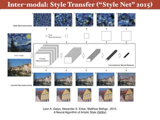 Inter-modal: Style Transfer (“Style Net” 2015)
Leon A. Gatys, Alexander S. Ecker, Matthias Bethge , 2015.  
A Neural Algorithm of Artistic Style (GitXiv)
 