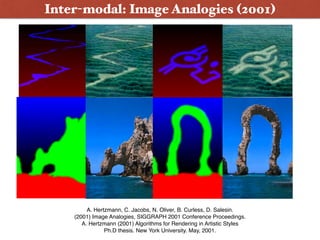 Inter-modal: Image Analogies (2001)
A. Hertzmann, C. Jacobs, N. Oliver, B. Curless, D. Salesin.
(2001) Image Analogies, SIGGRAPH 2001 Conference Proceedings.
A. Hertzmann (2001) Algorithms for Rendering in Artistic Styles
Ph.D thesis. New York University. May, 2001.
 