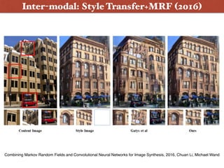 Inter-modal: Style Transfer+MRF (2016)
Combining Markov Random Fields and Convolutional Neural Networks for Image Synthesis, 2016, Chuan Li, Michael Wand
 