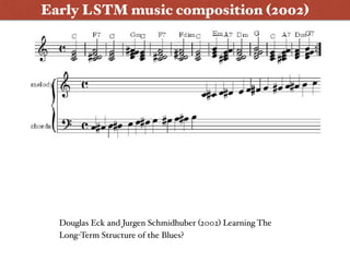 Early LSTM music composition (2002)
Douglas Eck and Jurgen Schmidhuber (2002) Learning The
Long-Term Structure of the Blues?
 