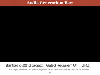 80
Audio Generation: Raw
Gated Recurrent Unit (GRU)stanford cs224d project
Aran Nayebi, Matt Vitelli (2015) GRUV: Algorithmic Music Generation using Recurrent Neural Networks
 