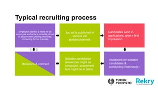 Employers identify a need for an
employee and write a possible job ad
or search from existing networks,
contacting former trainees
Typical recruiting process
Job ad is published in
various job
portals/channels
Candidates send in
applications, give a first
impression
Invitations for suitable
candidates &
conducting interview(s)
Suitable candidates
references might be
contacted, assesment
test might be in place
( )
Decisions & contract
 