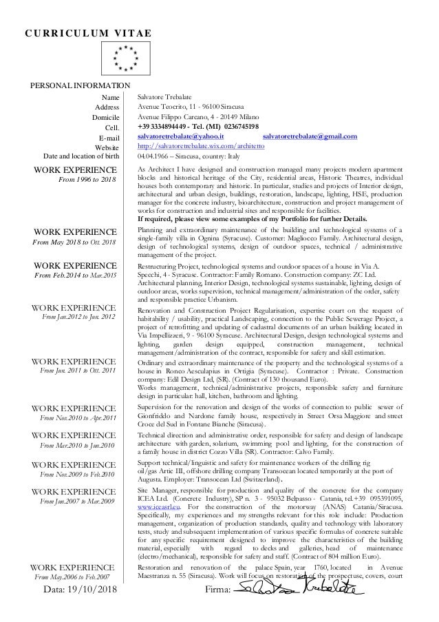 Cv Arch Salvatore Trebalate 2018 English