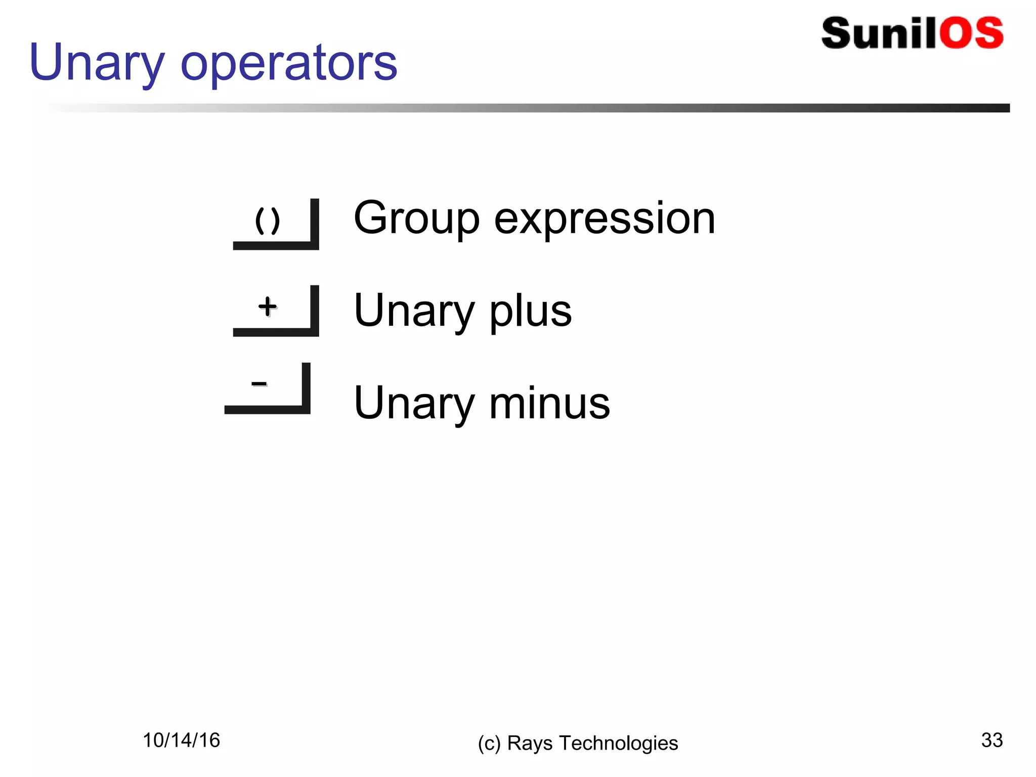 10/14/16 (c) Rays Technologies 33
Unary operators
()()
++++
Group expression
Unary plus
Unary minus----
 
