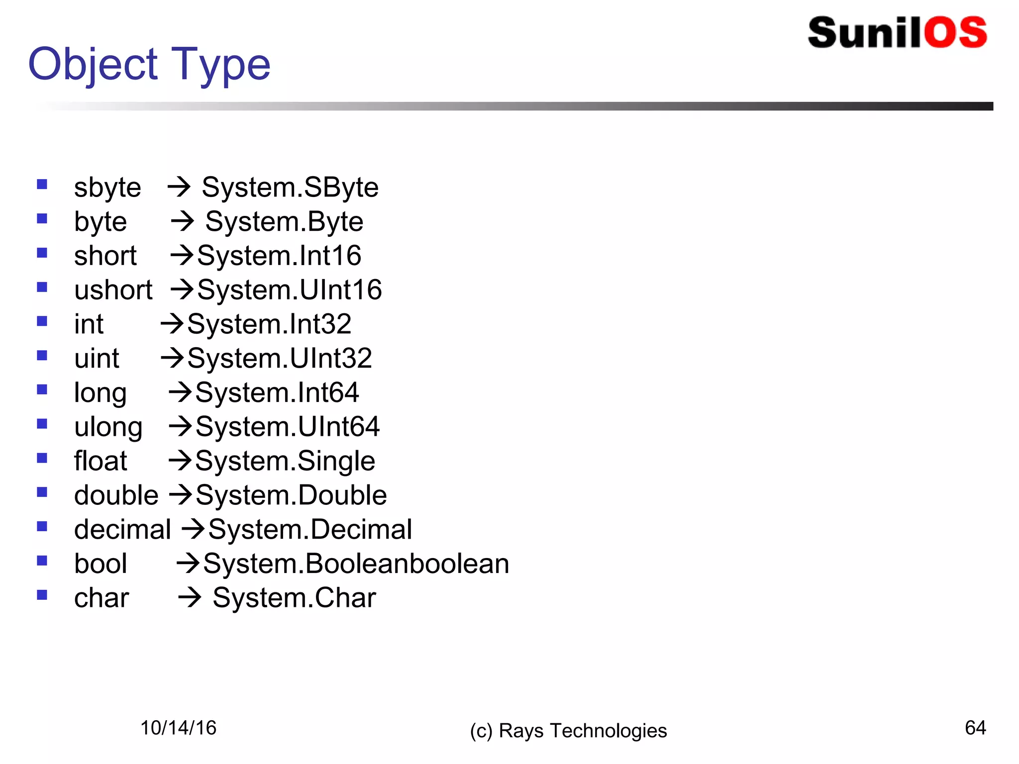 10/14/16 (c) Rays Technologies 64
Object Type
 sbyte  System.SByte
 byte  System.Byte
 short System.Int16
 ushort System.UInt16
 int System.Int32
 uint System.UInt32
 long System.Int64
 ulong System.UInt64
 float System.Single
 double System.Double
 decimal System.Decimal
 bool System.Booleanboolean
 char  System.Char
 