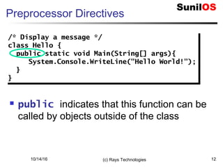 10/14/16 (c) Rays Technologies 12
Preprocessor Directives
 public indicates that this function can be
called by objects outside of the class
/* Display a message */
class Hello {
public static void Main(String[] args){
System.Console.WriteLine("Hello World!");
}
}
/* Display a message */
class Hello {
public static void Main(String[] args){
System.Console.WriteLine("Hello World!");
}
}
 