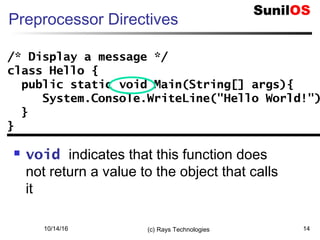 10/14/16 (c) Rays Technologies 14
Preprocessor Directives
 void indicates that this function does
not return a value to the object that calls
it
/* Display a message */
class Hello {
public static void Main(String[] args){
System.Console.WriteLine("Hello World!")
}
}
/* Display a message */
class Hello {
public static void Main(String[] args){
System.Console.WriteLine("Hello World!")
}
}
 