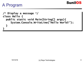 10/14/16 (c) Rays Technologies 3
A Program
/* Display a message */
class Hello {
public static void Main(String[] args){
System.Console.WriteLine("Hello World!");
}
}
/* Display a message */
class Hello {
public static void Main(String[] args){
System.Console.WriteLine("Hello World!");
}
}
 