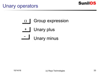 10/14/16 (c) Rays Technologies 33
Unary operators
()()
++++
Group expression
Unary plus
Unary minus----
 