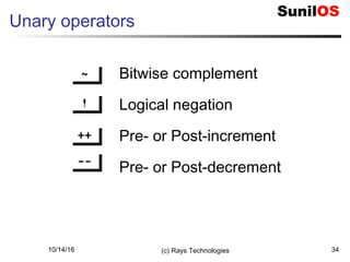 10/14/16 (c) Rays Technologies 34
Unary operators
~~~~
!!!!
++++++++
--------
Bitwise complement
Logical negation
Pre- or Post-increment
Pre- or Post-decrement
 