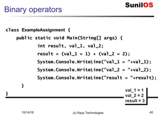 10/14/16 (c) Rays Technologies 40
Binary operators
classclass ExampleAssignmentExampleAssignment {{
public static void Main(String[] args) {public static void Main(String[] args) {
int result, val_1, val_2;int result, val_1, val_2;
result = (val_1 = 1) + (val_2 = 2);result = (val_1 = 1) + (val_2 = 2);
System.Console.WriteLine("val_1 = "+val_1);System.Console.WriteLine("val_1 = "+val_1);
System.Console.WriteLine("val_2 = "+val_2);System.Console.WriteLine("val_2 = "+val_2);
System.Console.WriteLine("result = "+result);System.Console.WriteLine("result = "+result);
}}
}}
classclass ExampleAssignmentExampleAssignment {{
public static void Main(String[] args) {public static void Main(String[] args) {
int result, val_1, val_2;int result, val_1, val_2;
result = (val_1 = 1) + (val_2 = 2);result = (val_1 = 1) + (val_2 = 2);
System.Console.WriteLine("val_1 = "+val_1);System.Console.WriteLine("val_1 = "+val_1);
System.Console.WriteLine("val_2 = "+val_2);System.Console.WriteLine("val_2 = "+val_2);
System.Console.WriteLine("result = "+result);System.Console.WriteLine("result = "+result);
}}
}} val_1 = 1
val_2 = 2
result = 3
val_1 = 1
val_2 = 2
result = 3
 