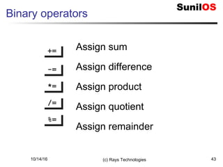 10/14/16 (c) Rays Technologies 43
Binary operators
+=+=
-=-=
*=*=
/=/=
Assign sum
Assign difference
Assign product
Assign quotient
Assign remainder
%=%=
 