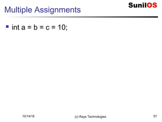 10/14/16 (c) Rays Technologies 57
Multiple Assignments
 int a = b = c = 10;
 