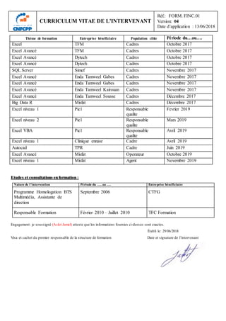 CURRICULUM VITAE DE L’INTERVENANT
Réf.: FORM. FINC.01
Version: 04
Date d’application : 13/06/2018
Thème de formation Entreprise bénéficiaire Population cible Période du…au….
Excel TFM Cadres Octobre 2017
Excel Avancé TFM Cadres Octobre 2017
Excel Avancé Dytech Cadres Octobre 2017
Excel Avancé Dytech Cadres Octobre 2017
SQL Server Simef Cadres Novembre 2017
Excel Avancé Enda Tamweel Gabes Cadres Novembre 2017
Excel Avancé Enda Tamweel Gabes Cadres Novembre 2017
Excel Avancé Enda Tamweel Kairouan Cadres Novembre 2017
Excel Avancé Enda Tamweel Sousse Cadres Décembre 2017
Big Data R Misfat Cadres Décembre 2017
Excel niveau 1 Pic1 Responsable
qualite
Fevrier 2019
Excel niveau 2 Pic1 Responsable
qualite
Mars 2019
Excel VBA Pic1 Responsable
qualite
Avril 2019
Excel niveau 1 Clinique ennasr Cadre Avril 2019
Autocad TPR Cadre Juin 2019
Excel Avancé Misfat Operateur Octobre 2019
Excel niveau 1 Misfat Agent Novembre 2019
Etudes et consultations en formation :
Nature de l’intervention Période du …. au …. Entreprise bénéficiaire
Programme Homologation BTS
Multimédia, Assistante de
direction
Septembre 2006 CTFG
Responsable Formation Février 2010 – Juillet 2010 TFC Formation
Engagement: je soussigné (Askri Jamel) atteste que les informations fournies ci-dessus sont exactes.
Établi le: 29/06/2018
Visa et cachet du premier responsable de la structure de formation Date et signature de l’intervenant
 