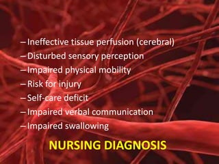 – Ineffective tissue perfusion (cerebral)
– Disturbed sensory perception
– Impaired physical mobility
– Risk for injury
– Self-care deficit
– Impaired verbal communication
– Impaired swallowing

NURSING DIAGNOSIS

 