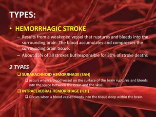 TYPES:
• HEMORRHAGIC STROKE
– Results from a weakened vessel that ruptures and bleeds into the
surrounding brain. The blood accumulates and compresses the
surrounding brain tissue.
– About 15% of all strokes but responsible for 30% of stroke deaths

2 TYPES
 SUBARACHNOID HEMORRHAGE (SAH)
 occurs when a blood vessel on the surface of the brain ruptures and bleeds
into the space between the brain and the skull

 INTRACEREBRAL HEMORRHAGE (ICH)
 Occurs when a blood vessel bleeds into the tissue deep within the brain.

 