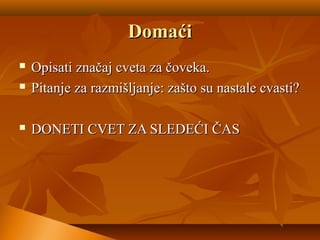 DomaćiDomaći
 Opisati značaj cveta za čoveka.Opisati značaj cveta za čoveka.
 Pitanje za razmišljanje: zašto su nastale cvasti?Pitanje za razmišljanje: zašto su nastale cvasti?
 DONETI CVET ZA SLEDEĆI ČASDONETI CVET ZA SLEDEĆI ČAS
 