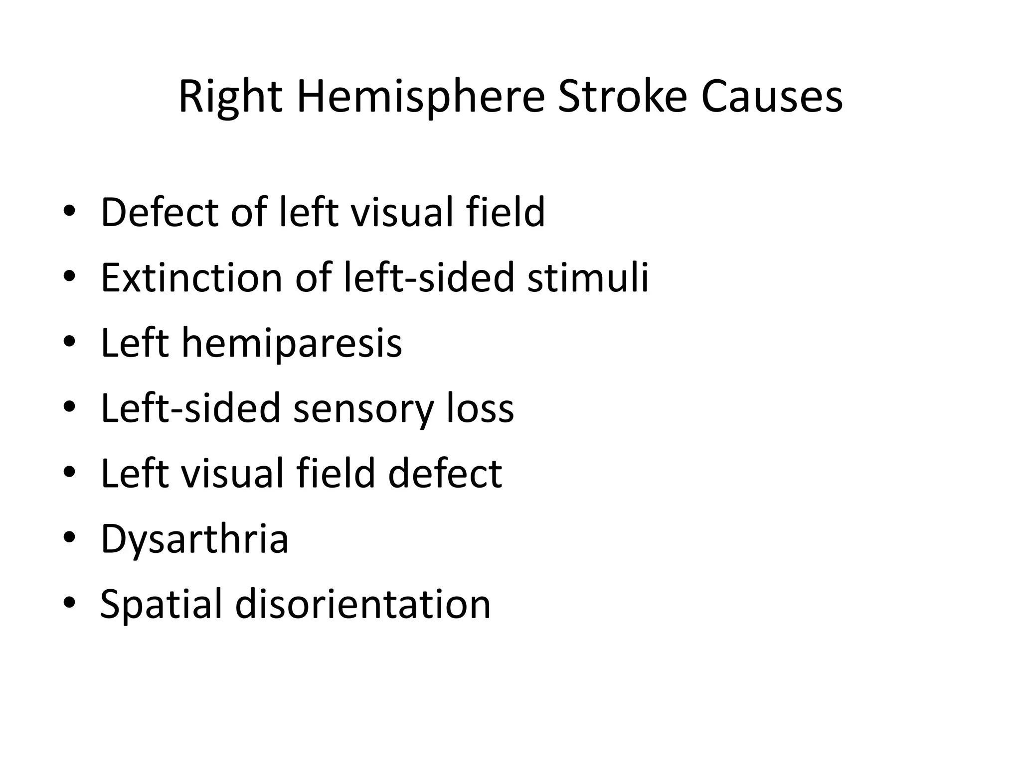 Right Hemisphere Stroke Causes
• Defect of left visual field
• Extinction of left-sided stimuli
• Left hemiparesis
• Left-sided sensory loss
• Left visual field defect
• Dysarthria
• Spatial disorientation
 
