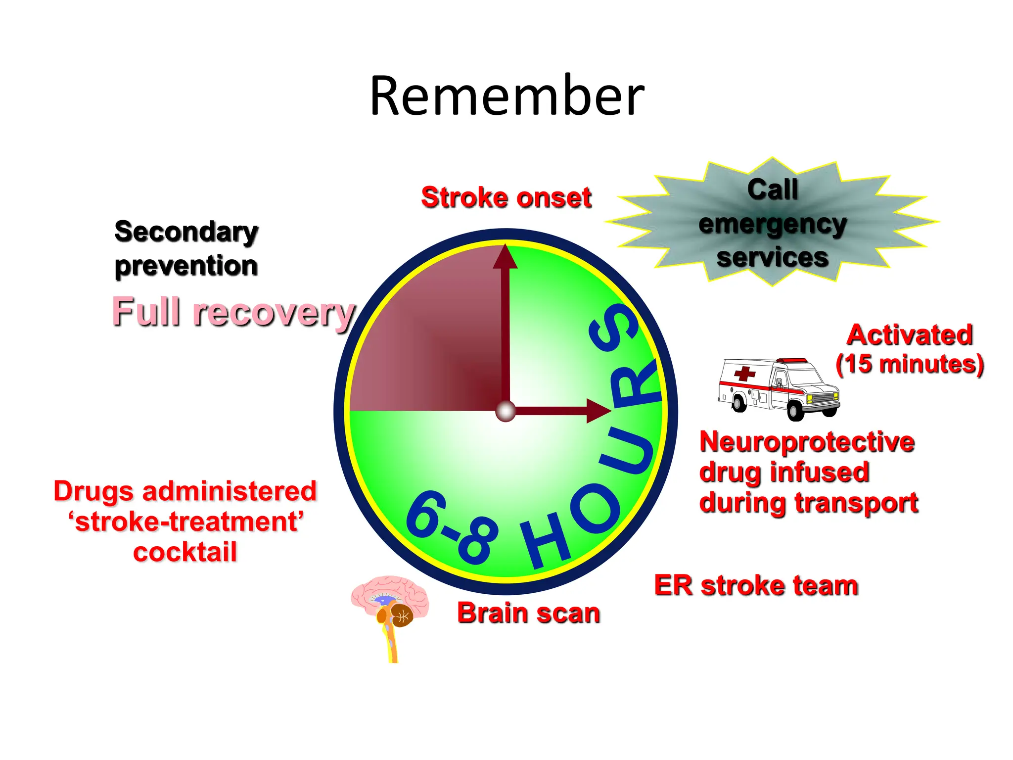 Call
emergency
services
ER stroke team
Activated
(15 minutes)
Neuroprotective
drug infused
during transport
Brain scan
Drugs administered
‘stroke-treatment’
cocktail
Full recovery
Stroke onset
Secondary
prevention
Remember
 