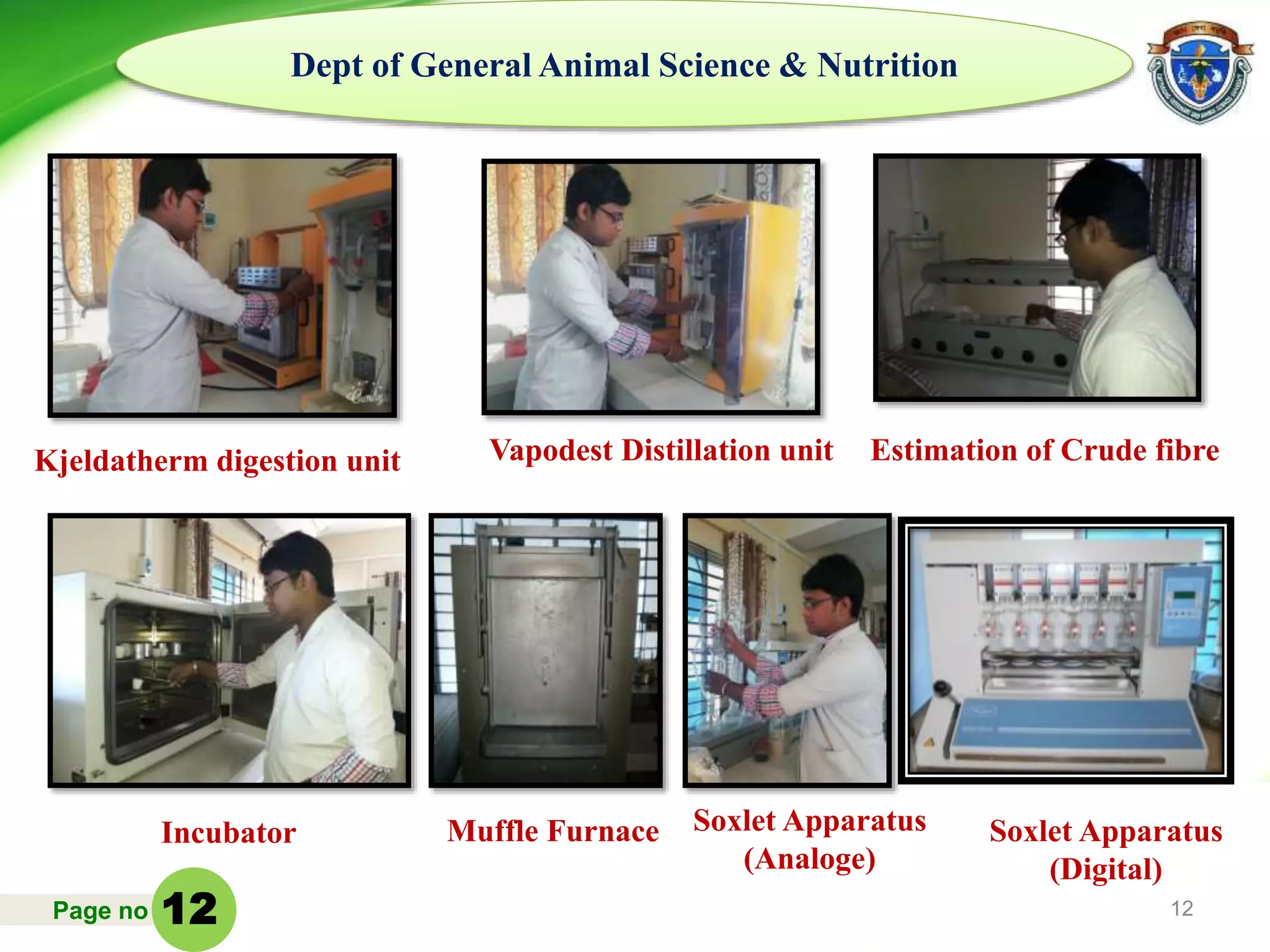 Page no 12
Dept of General Animal Science & Nutrition
Kjeldatherm digestion unit
Soxlet Apparatus
(Analoge)
Estimation of Crude fibre
Muffle FurnaceIncubator
Vapodest Distillation unit
Soxlet Apparatus
(Digital)
12
 