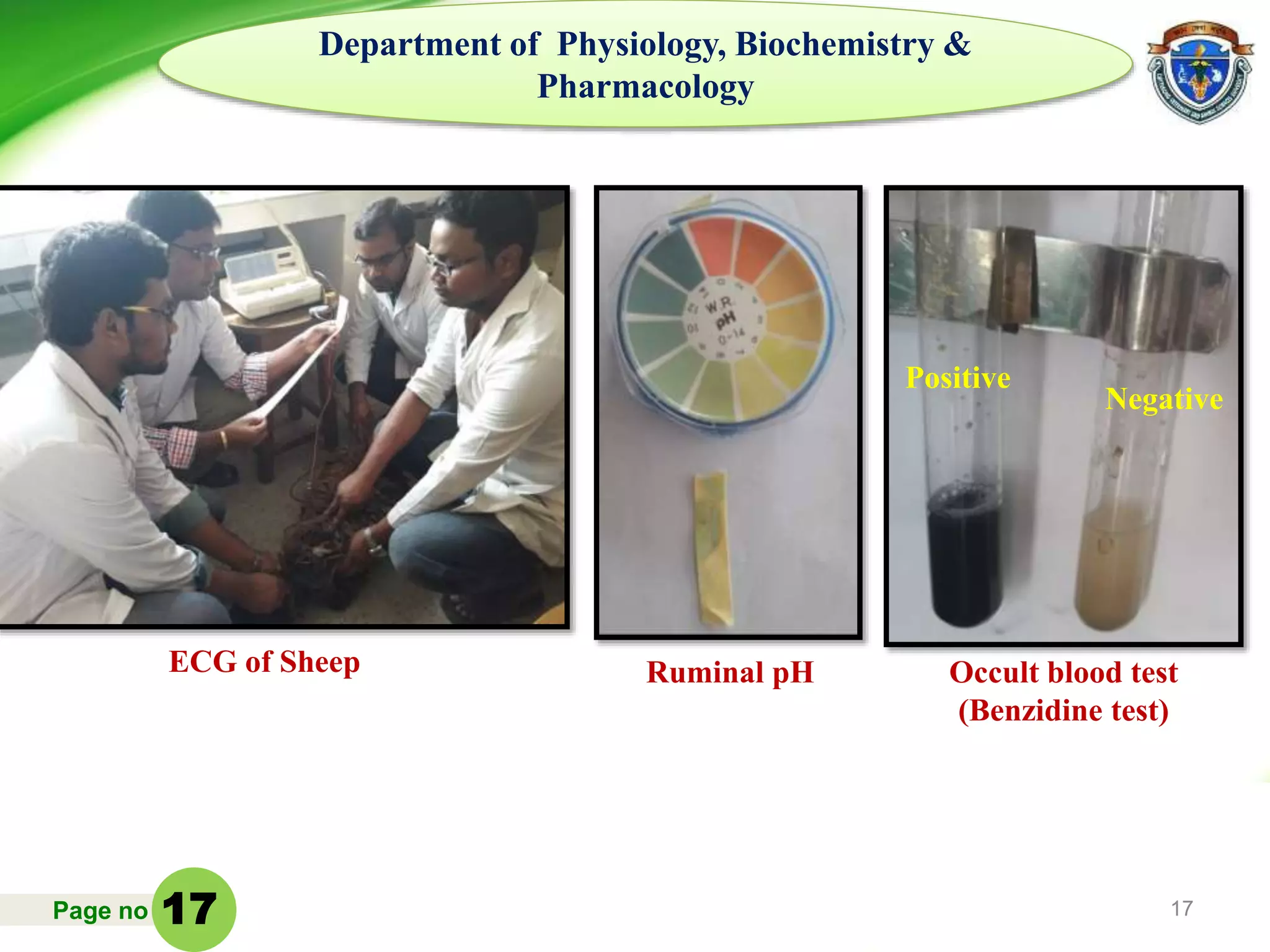 Page no 17
Department of Physiology, Biochemistry &
Pharmacology
ECG of Sheep Ruminal pH Occult blood test
(Benzidine test)
Positive
Negative
17
 