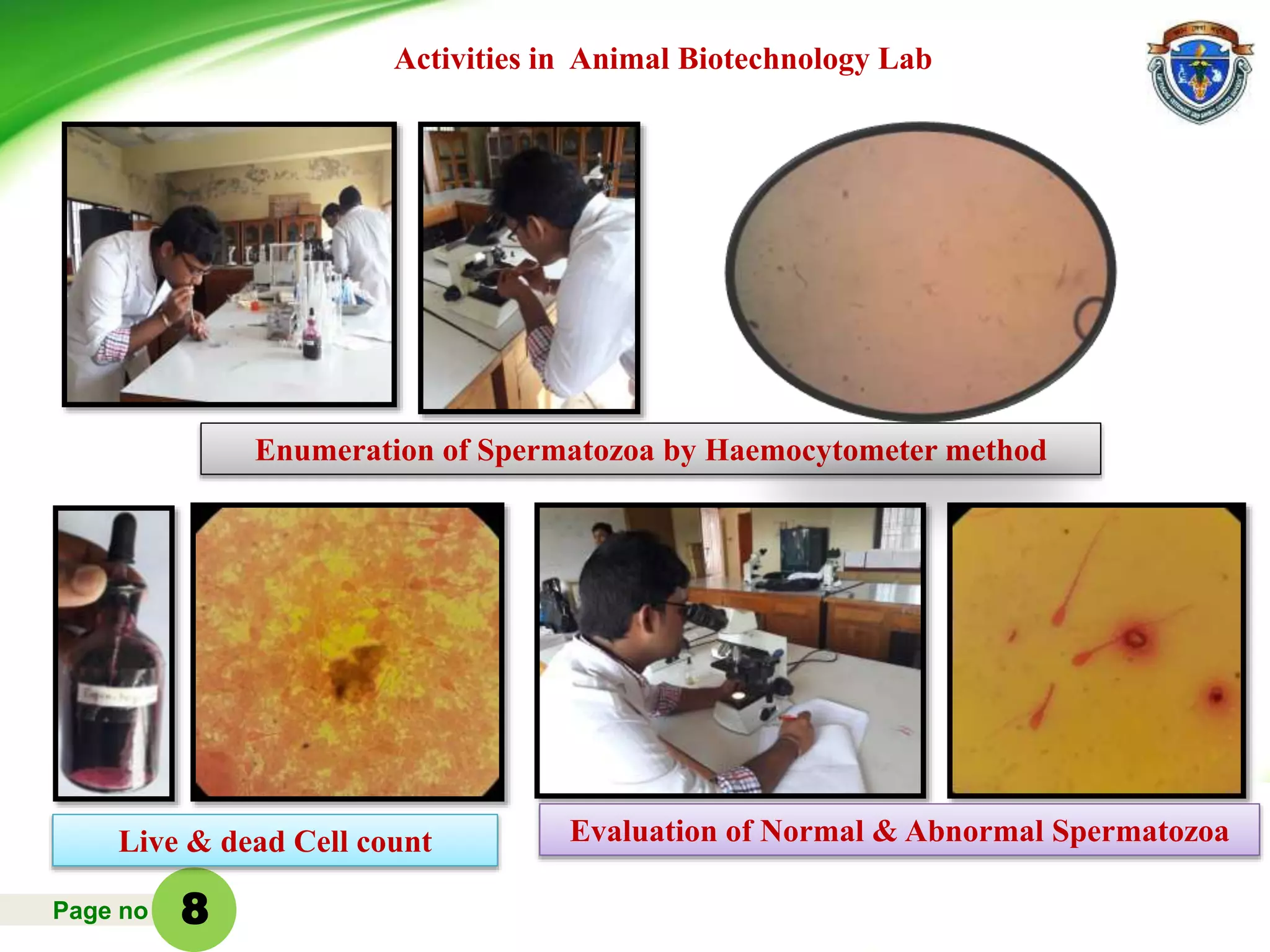 Page no
Activities in Animal Biotechnology Lab
Enumeration of Spermatozoa by Haemocytometer method
Live & dead Cell count Evaluation of Normal & Abnormal Spermatozoa
8
 