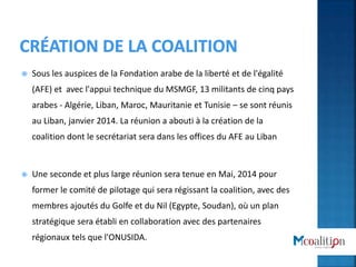  Sous les auspices de la Fondation arabe de la liberté et de l'égalité
(AFE) et avec l'appui technique du MSMGF, 13 militants de cinq pays
arabes - Algérie, Liban, Maroc, Mauritanie et Tunisie – se sont réunis
au Liban, janvier 2014. La réunion a abouti à la création de la
coalition dont le secrétariat sera dans les offices du AFE au Liban
 Une seconde et plus large réunion sera tenue en Mai, 2014 pour
former le comité de pilotage qui sera régissant la coalition, avec des
membres ajoutés du Golfe et du Nil (Egypte, Soudan), où un plan
stratégique sera établi en collaboration avec des partenaires
régionaux tels que l'ONUSIDA.
 