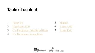 1. Foreword
2. Highlights 2019
3. CV Barometer: Established firms
4. CV Baromerer: Young firms
5. Sample
6. About AMS
7. About PwC
Table of content
 