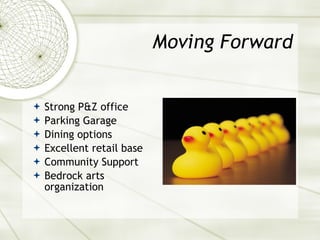 Moving Forward Strong P&Z office Parking Garage Dining options Excellent retail base Community Support Bedrock arts organization 