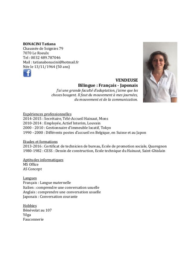 Cv bonacini tatiana 2015 vendeuse Cv bonacini tatiana 2015 vendeuse