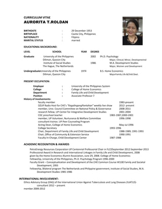 CURRICULUM VITAE
AURORITA T.ROLDAN
BIRTHDATE : 29 December 1953
BIRTHPLACE : Cavite City, Philippines
NATIONALITY : Filipino
MARITAL STATUS : married
EDUCATIONAL BACKGROUND:
LEVEL SCHOOL YEAR DEGREE
Graduate University of the Philippines 2002 Ph.D. Psychology
Diliman, Quezon City Major, Clinical; Minor, Developmental
Institute of Social Studies 1986 M.A. Development Studies
The Hague, The Netherlands Major, Women and Development
UndergraduateUniversity of the Philippines 1974 B.S. Home Economics
Diliman, Quezon City MajorFamily Life &Child Devt.
PRESENT OCCUPATION:
Employer : University of the Philippines System
College : College of Home Economics
Department : Family Life and Child Development
Position : Associate Professor 7
History of Involvements:
faculty member 1983-present
DZUP Radio Host for CHE’s “KagalingangPantahan” weekly live show 2012- present
member, Univ. Council Committee on National Policy & Governance 2008-2011
research fellow, UP Center for Integrative Development Studies 2001-2004
CDC preschool teacher 1983-1987;2000-2001
member, UP Volunteer, Nurturance & Welfare Committee 1996-1998
consultant-trainor, UP Peer Counseling Program
Acting Dean, College of Home Economics May-Jul 1996
College Secretary 1993-1996
Chair, Department of Family Life and Child Development 1988-1989; 1991-1993
Chair, Office of Community & Extension Service 1990-1991
Faculty-In-Charge, Child Development Center 1987-1988
ACADEMIC RECOGNITION & AWARDS
PetroEnergy Resources Corporation UP Centennial Professorial Chair in FLCDSeptember 2012-September 2013
Professional Award in Research and International Linkages in Family Life and Child Development, 2008
given by the Home Economics Alumni Association, June 29, 2008. College of Home Economics
Fellowship, University of the Philippines, Ph.D. Psychology Program 1996-2000
Faculty Grant – Conceptualization and Development of the CHE Common Course HE100 Family and Societal
Development, 1993
Fellowship, Bilateral program The Netherlands and Philippine government, Institute of Social Studies, M.A.
Development Studies 1985-1986
INTERNATIONAL INVOLVEMENT:
Ethics Advisory Group (EAG) of the International Union Against Tuberculosis and Lung Diseases (IUATLD)-
consultant 2012 – present
member 2009-2012
 