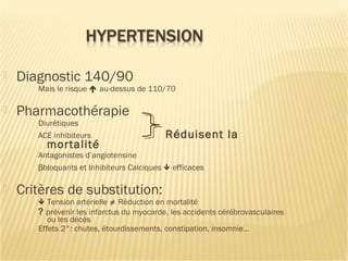  Diagnostic 140/90
Mais le risque  au-dessus de 110/70
 Pharmacothérapie
Diurétiques
ACE inhibiteurs Réduisent la
mortalité
Antagonistes d’angiotensine
βbloquants et Inhibiteurs Calciques  efficaces
 Critères de substitution:
 Tension artérielle ≠ Réduction en mortalité
? prévenir les infarctus du myocarde, les accidents cérébrovasculaires
ou les décès
Effets 2°: chutes, étourdissements, constipation, insomnie…
 